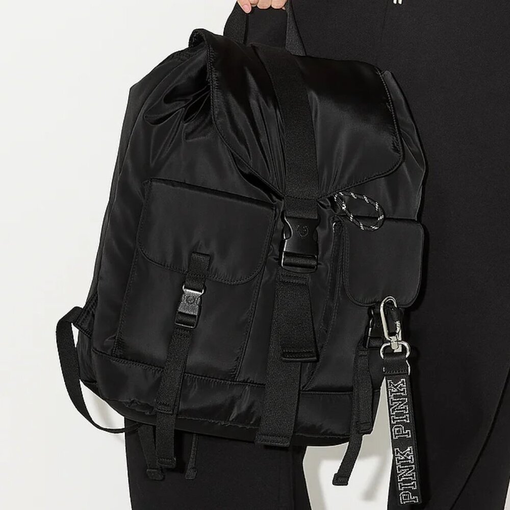 PINK VICTORIA'S SECRET Black Nylon Cargo Backpack Fits up to a 15" Laptop**NEW! - Picture 4 of 5